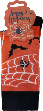 Pomarańczowe skarpetki Happy Halloween z czarnymi nietoperzami i białymi pajęczynami, etykieta z rozmiarem 40-45.