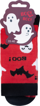 Czerwone skarpetki halloweenowe z białymi duszkami, czarnymi nietoperzami i napisem BOO!, z metką 35-40.