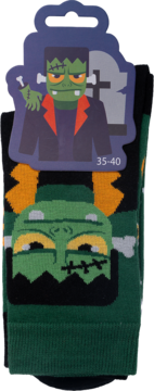 Zielono-czarne skarpetki Halloween z rysunkiem zielonego Frankensteina ze szwami, metka z rozmiarem 35-40.