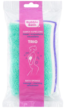 Opakowanie Bubble Bath Trio z trzema celulozowymi gąbkami do mycia ciała: zieloną, białą i fioletową.