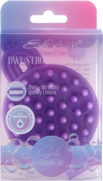 Fioletowy masażer Ewa Schmitt Dual SILI CLEAN&CARE, dwustronny do głowy i ciała, w przezroczystym opakowaniu.