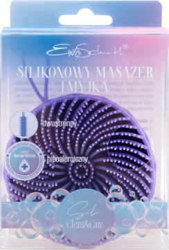 Fioletowy, silikonowy masażer Ewa Schmitt Circle SILI CLEAN&CARE do mycia i masażu twarzy, w przezroczystym blistrze.