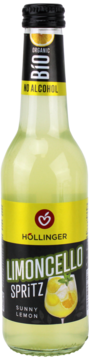Butelka Höllinger Limoncello Spritz Bio, bezalkoholowy. Żółto-czarna etykieta, cytrynowy orzeźwiający napój. Widok z przodu.