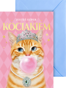 Karnet Urodzinowy B6 z kotem w koronie, dmuchającym gumę; napis 'Super Kociakiem', różowe tło, niebieska koperta.
