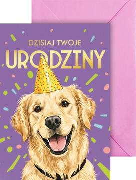 Karnet urodzinowy B6 z psem rasy golden retriever w czapce, na fioletowym tle z napisem "DZISIAJ TWOJE URODZINY" i różową kopertą.