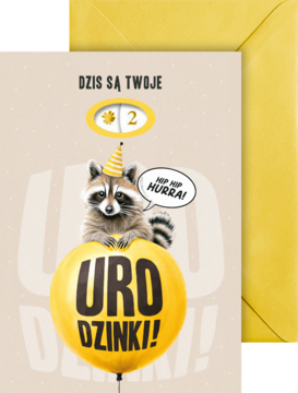 Karnet Urodzinowy 'DZIS SĄ TWOJE URODZINKI!' z regulowaną cyfrą '2', wesołym szopem i żółtą kopertą.