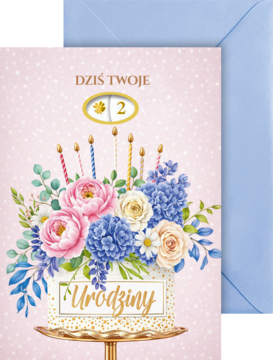 Karnet urodzinowy z cyfrą 2, różowy, z ilustracją tortu w kwiaty i niebieską kopertą. "Dziś Twoje Urodziny".