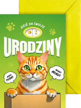 Zielony karnet urodzinowy z wesołym kotem i regulowaną cyfrą '2', widok z przodu z żółtą kopertą.