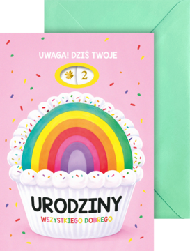 Różowy karnet urodzinowy 15x20,5cm z babeczką, tęczą, posypką i cyfrą 2, obok zielona koperta.