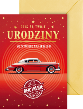 Karnet urodzinowy B6, czerwony z klasycznym autem, złotymi gwiazdkami i napisem 'DZIŚ SĄ TWOJE URODZINY', z kopertą.
