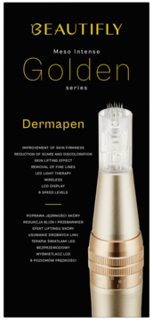 Dermapen BEAUTIFLY Golden series, złoty aparat do mikronakłuwania z igłami, widok z przodu, na czarnym tle.