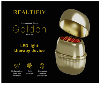 Beautifly SkinWOW Shot Pro, złote urządzenie do liftingu RF, EMS, LED, otwarte, diody LED, czarne tło.