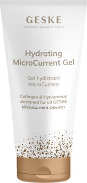 GESKE Hydrating MicroCurrent Gel w białej tubce, ze złotą nakrętką i brązowymi drobinkami. Z kolagenem i hialuronanem.
