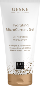 Biała tubka GESKE Hydrating MicroCurrent Gel, nawilżający żel przewodzący z kolagenem i hialuronanem, widok frontalny.