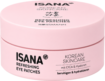 Różowe, okrągłe opakowanie Isana Korean Skincare Refreshing Eye Patches, widok z przodu, z CICA i hialuronem.