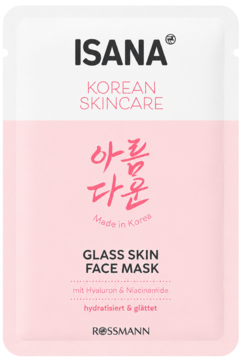 ISANA Korean Skincare Glass Skin Face Mask, biała saszetka z różowym gradientem, widok z przodu.