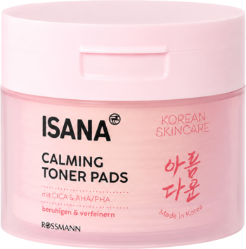 Różowy, półprzezroczysty słoik Isana Calming Toner Pads z CICA & AHA/PHA, do koreańskiej pielęgnacji, widok z przodu.