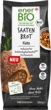 Front czarnej paczki EnerBiO Keto Saaten Brot 500g, wegańskiej mieszanki do pieczenia chleba bez mąki i drożdży.