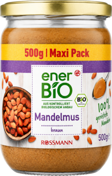 enerBIO Mandelmus Rossmann, 500g brązowe masło migdałowe ze 100% prażonych migdałów, widok z przodu.