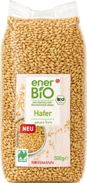 Przezroczysta torebka enerBIO Hafer (owies) całych ziaren 500g, widok z przodu na białej etykiecie.