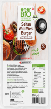 EnerBio Seitan Wild West Burger w przezroczystym opakowaniu, widok z przodu. Etykieta z burgerem i logo vegan.