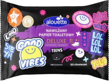 Alouette Nawilżany Papier Toaletowy Deluxe Teens, czarne opakowanie z kolorowymi, młodzieżowymi grafikami, widok przodem.
