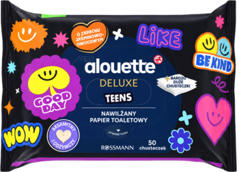 Alouette Deluxe Teens nawilżany papier toaletowy Rossmann, czarne opakowanie z kolorowymi naklejkami i emotikonami.