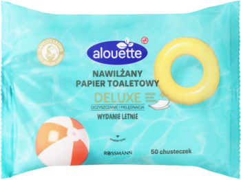 Jasnoniebieskie opakowanie Alouette Nawilżany Papier Toaletowy DELUXE, z żółtym kołem i piłką plażową. Wydanie Letnie 50 chusteczek.