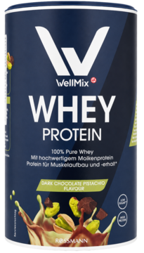 WellMix Whey Protein Dark Chocolate Pistachio w granatowej puszce z logo, grafiką czekolady i pistacji. Widok z przodu.