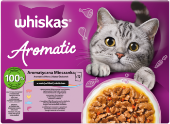 Fioletowe opakowanie karmy Whiskas Aromatic dla kota z wizerunkiem szarego kota i miseczki z jedzeniem. Widok z przodu.