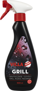 Czarny spray Villa Grill do czyszczenia grilla, z czerwoną etykietą i białym spryskiwaczem, widok z przodu.