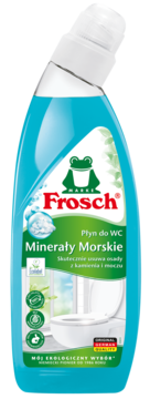 Frosch Płyn do WC Minerały Morskie, usuwający kamień, w turkusowej butelce z żabką, widok frontalny.