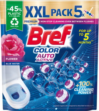Bref WC Color Auto Active XXL 5x Flower Blue Water, opakowanie z różą i toaletą, niebiesko-fioletowe kulki.
