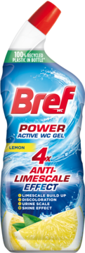 Bref Power Active WC Gel Lemon 4x Anti-Limescale Effect, niebieska butelka z czerwoną nakrętką, przód, plastry cytryny.