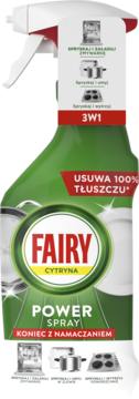 Fairy Power Spray Cytryna, zielona butelka z białym spryskiwaczem, 3w1 do usuwania tłuszczu z naczyń, widok z przodu.