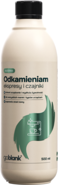 Płyn goblank Odkamieniam 500ml w kremowej butelce z czarną nakrętką, do ekspresów i czajników, widok z przodu.
