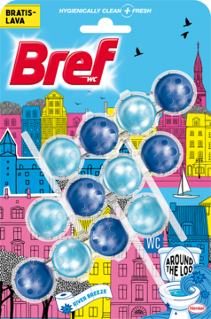 Bref WC Power Aktiv River Breeze: niebieskie kulki żelowe w zawieszce, na tle kolorowej panoramy miasta, dla świeżości.