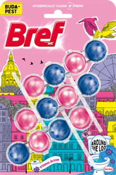 Bref Power Aktiv WC, różowo-niebieskie kostki zapachowe w blistrze, na tle różowego Budapesztu, dla świeżej toalety.