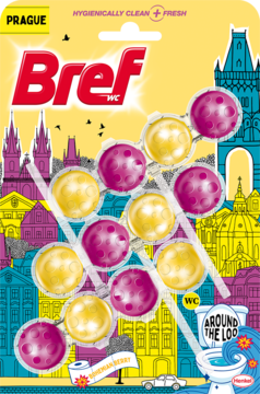 Bref Power Aktiv Bohemian Berry, zawieszka do toalety z żółto-fioletowymi kulkami, widok na tle panoramy Pragi.