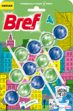 Bref Power Aktiv WC, opakowanie kostek toaletowych z zielonymi i niebieskimi kulkami, na tle rysunkowego miasta.