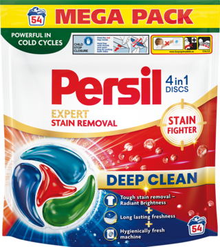 Persil 4in1 Discs Deep Clean Expert, 54 szt., biało-czerwone opakowanie z wielobarwnym dyskiem, widok z przodu.