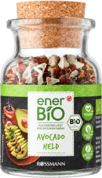 Ener BIO AVOCADO HELD Rossmann, bio mieszanka przypraw do awokado w szklanym słoiku z korkiem, front.