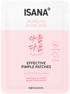 ISANA Korean Skincare Effective Pimple Patches w biało-różowym opakowaniu z CICA, 30 sztuk, widok z przodu.