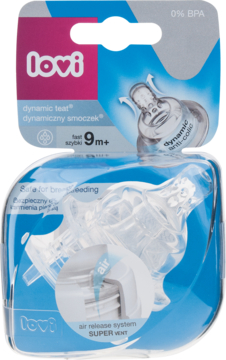 Lovi dynamiczny smoczek 9m+ do butelki w niebiesko-przezroczystym opakowaniu, system anti-colic.