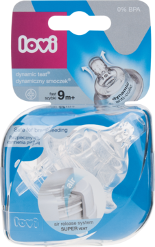 Lovi dynamiczny smoczek 9m+ do butelki w niebiesko-przezroczystym opakowaniu, system anti-colic.