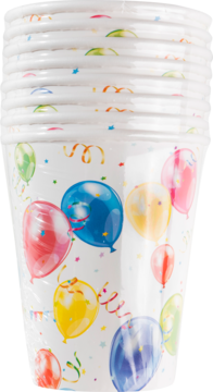 Stos jednorazowych kubeczków papierowych 250 ml z nadrukiem kolorowych balonów i konfetti, widok z przodu.