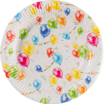 Biały okrągły talerzyk papierowy z kolorowymi balonami i konfetti, idealny na przyjęcia urodzinowe, średnica 22,7 cm.