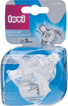 Lovi smoczki dynamiczne 3m+ wolne od BPA, 2 sztuki w przezroczystym blistrze, widok z przodu.