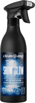 Czarny spray Show*Glow 500 ml do czyszczenia kabin prysznicowych, z niebiesko-białą etykietą, widok z przodu.