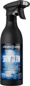Czarna butelka spray Cleangang Show*Glow do kabin prysznicowych, z niebieską etykietą, widok z przodu.